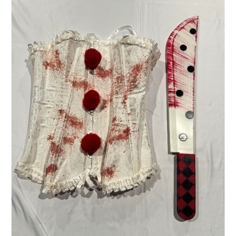 Sexy Horror Clown Pennywise Costume White Jacquard Corset Top & Props Blood Mach